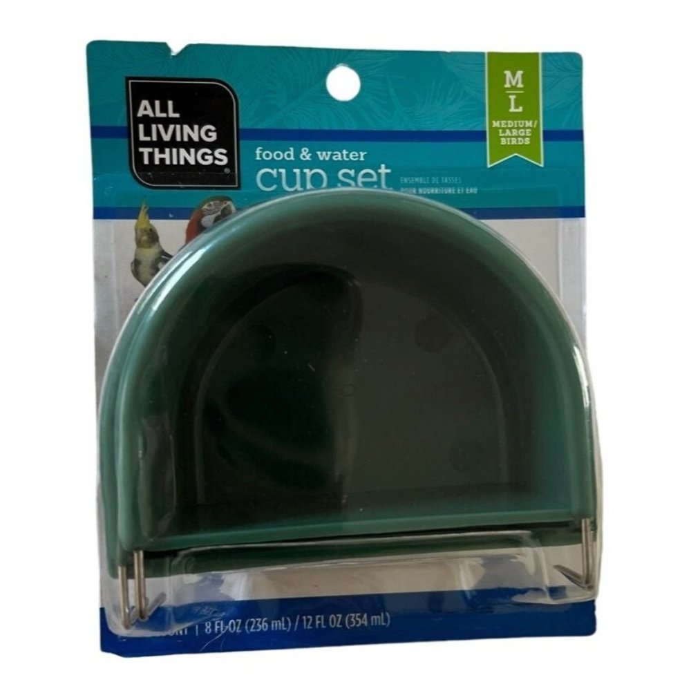 NWT  "All Living Things" Bird Food & Water Cup 2-Set Combo Pk M/L Plastic Teal